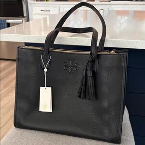 Tory Burch Black Pebbled Leather Tote with Tassel